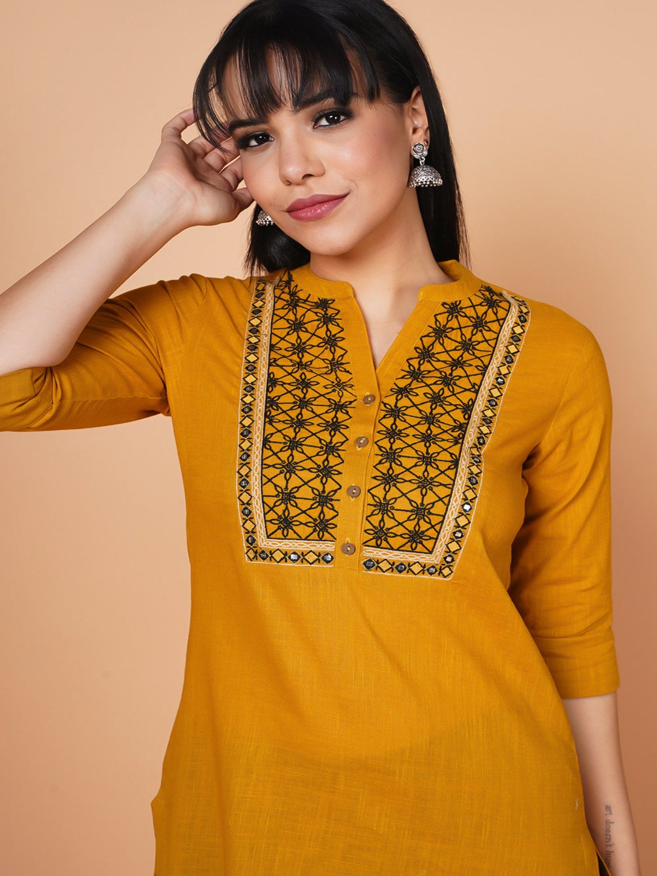 Mustard Yoke Embroidered Straight-fit Kurta+