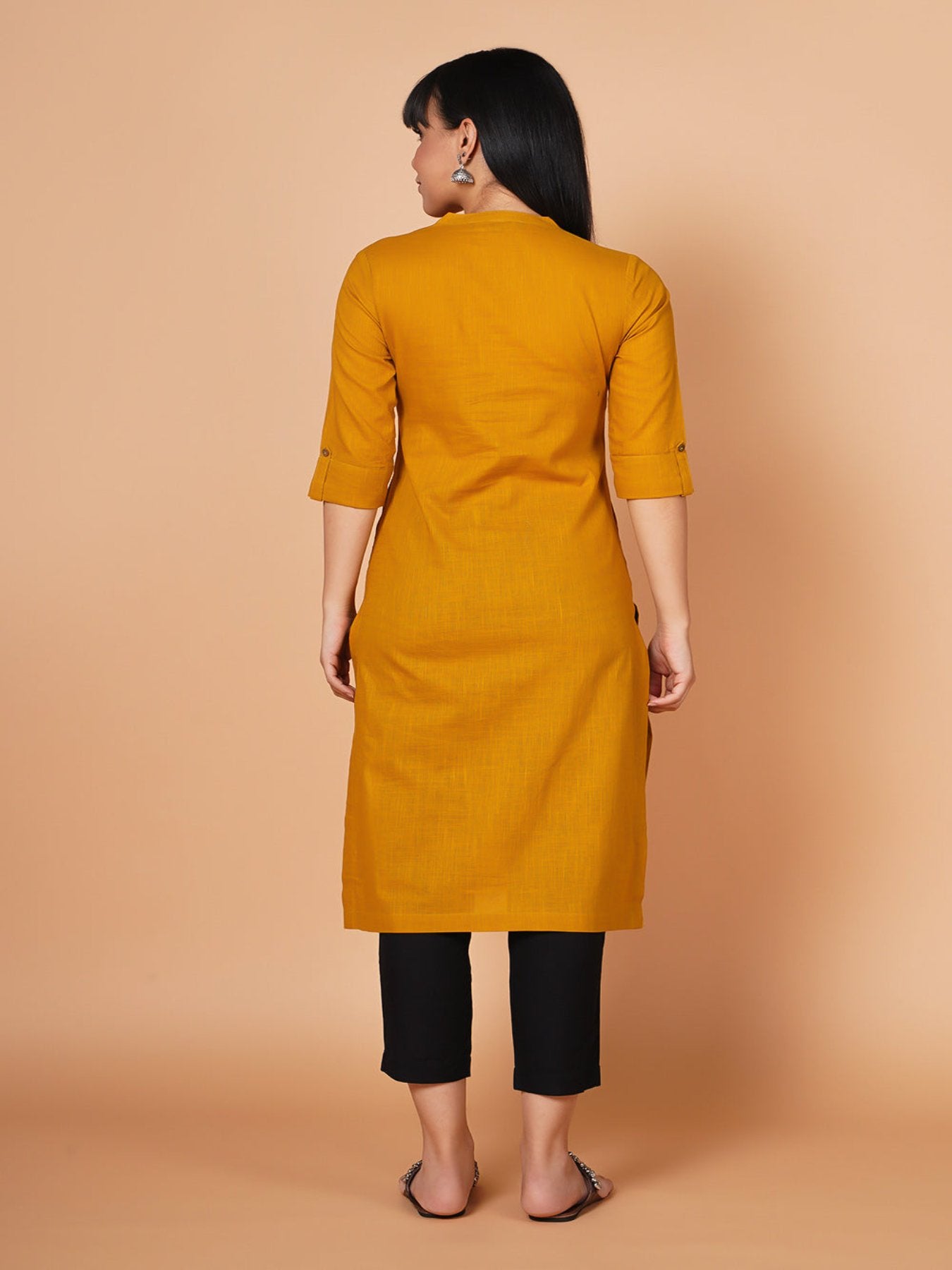 Mustard Yoke Embroidered Straight-fit Kurta+