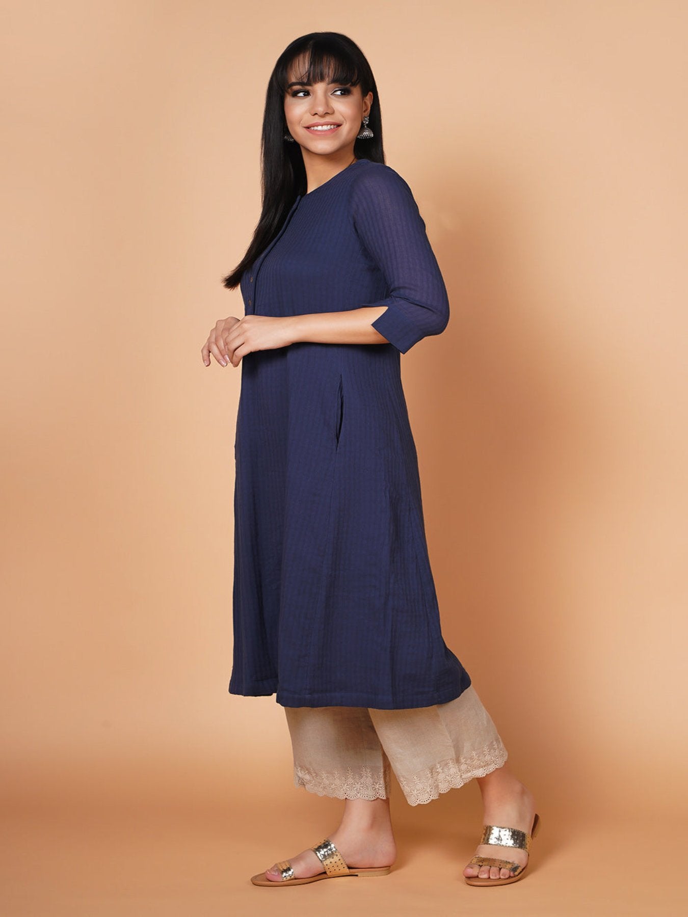 Barara Navy Blue Solid Aline Kurta+