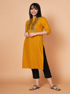 Mustard Yoke Embroidered Straight-fit Kurta