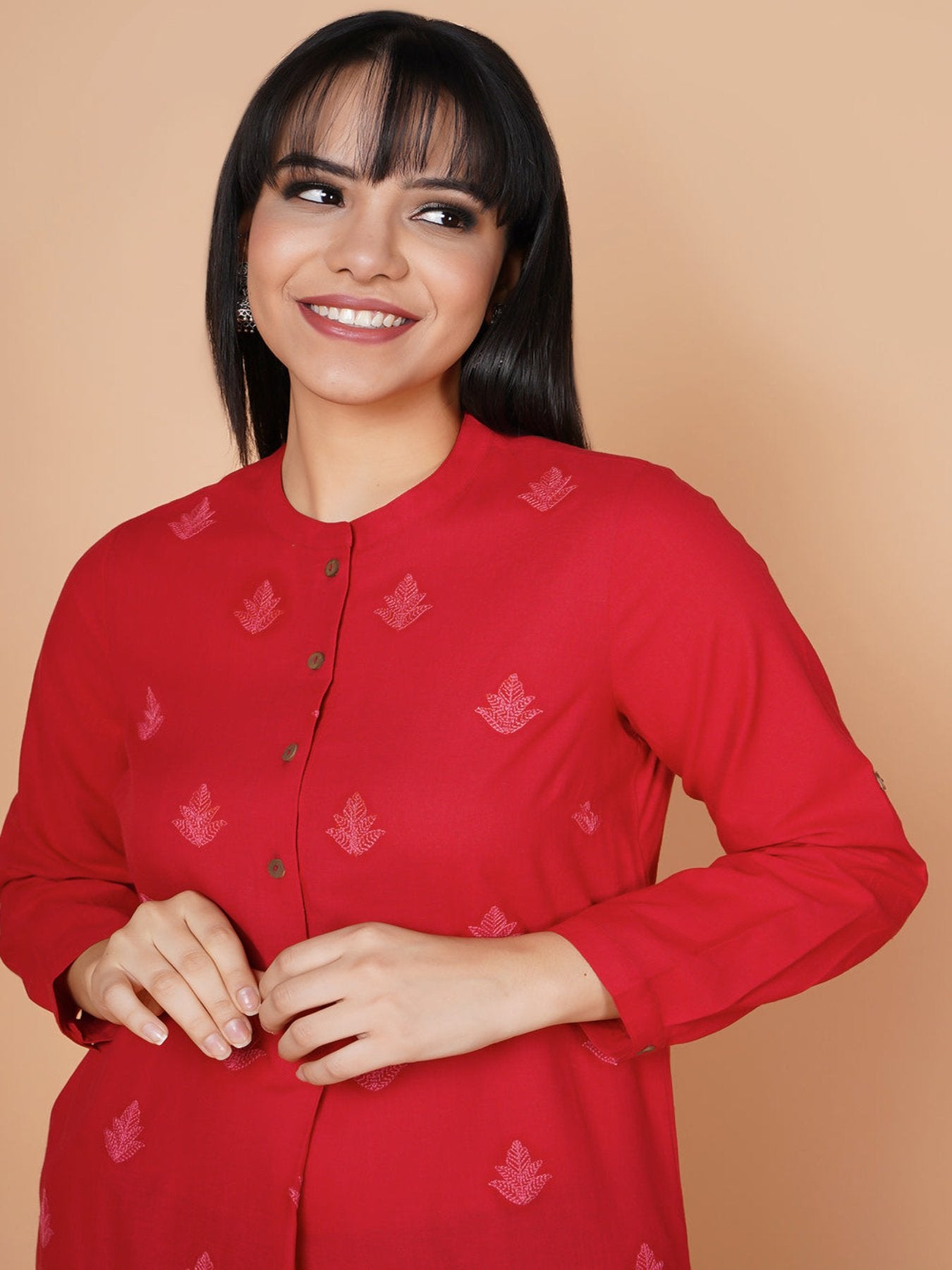 Deep Red Coral Embroidered Round Hem Kurta