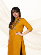 Mustard Yoke Embroidered Straight-fit Kurta+