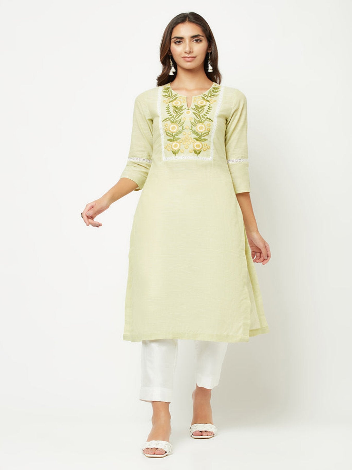 Lime Green Yoke Embroidered Kurta