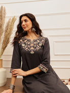 Charcoal Grey Embroidered Cotton Kurta