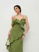 Olive Ruffle Asymmetrical Midi Dress