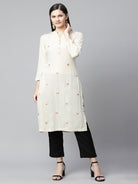 Beige Embroidered Straight Kurta