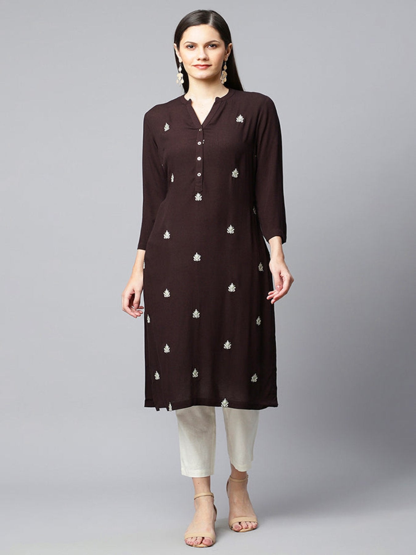 Charcoal Black Embroidered Straight Kurta+