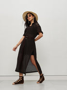 Brown Sheer Maxi Shirt Dress