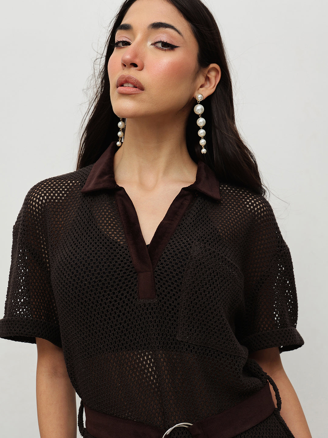 Brown Sheer Maxi Shirt Dress