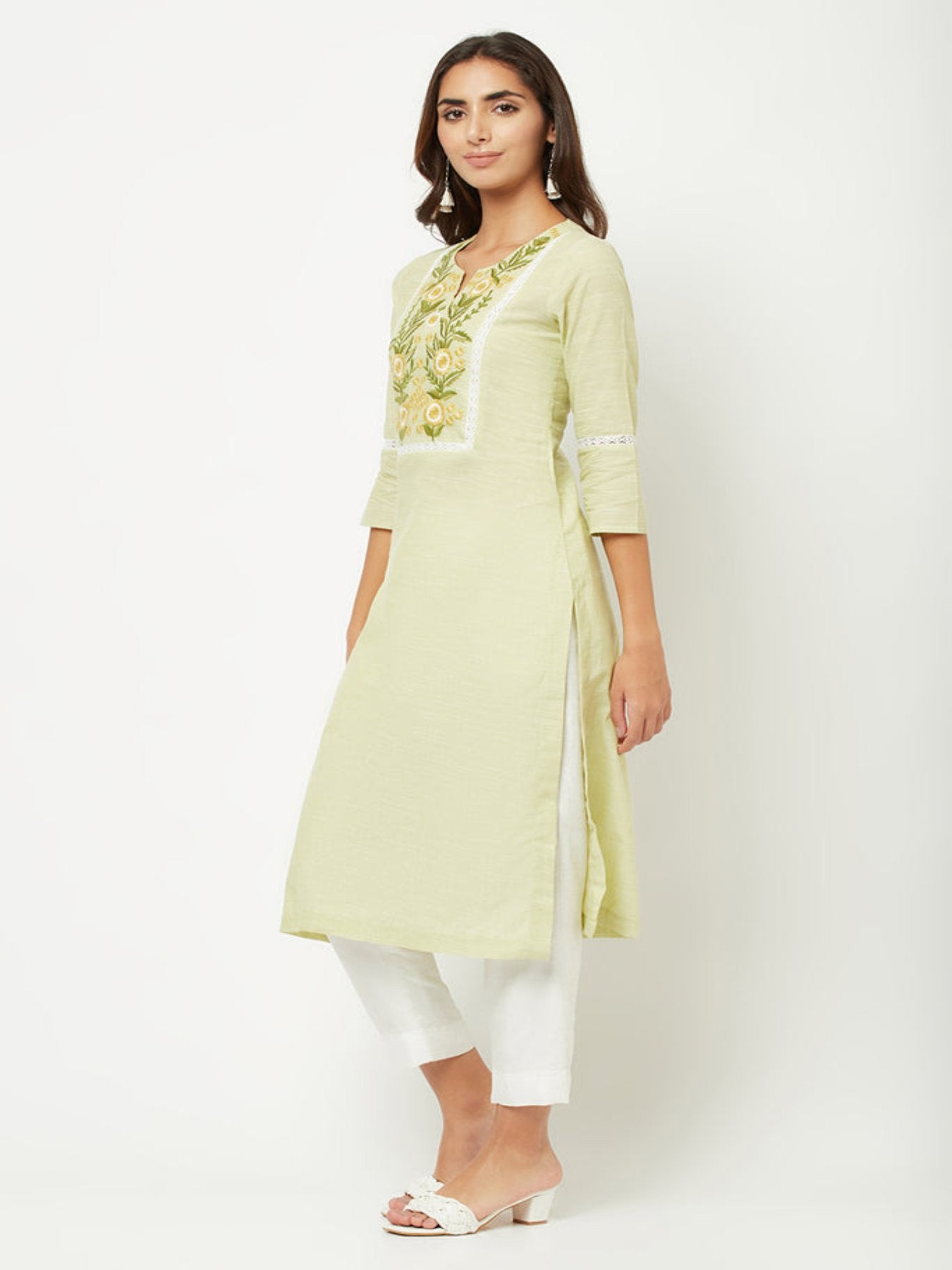 Lime Green Yoke Embroidered Kurta+