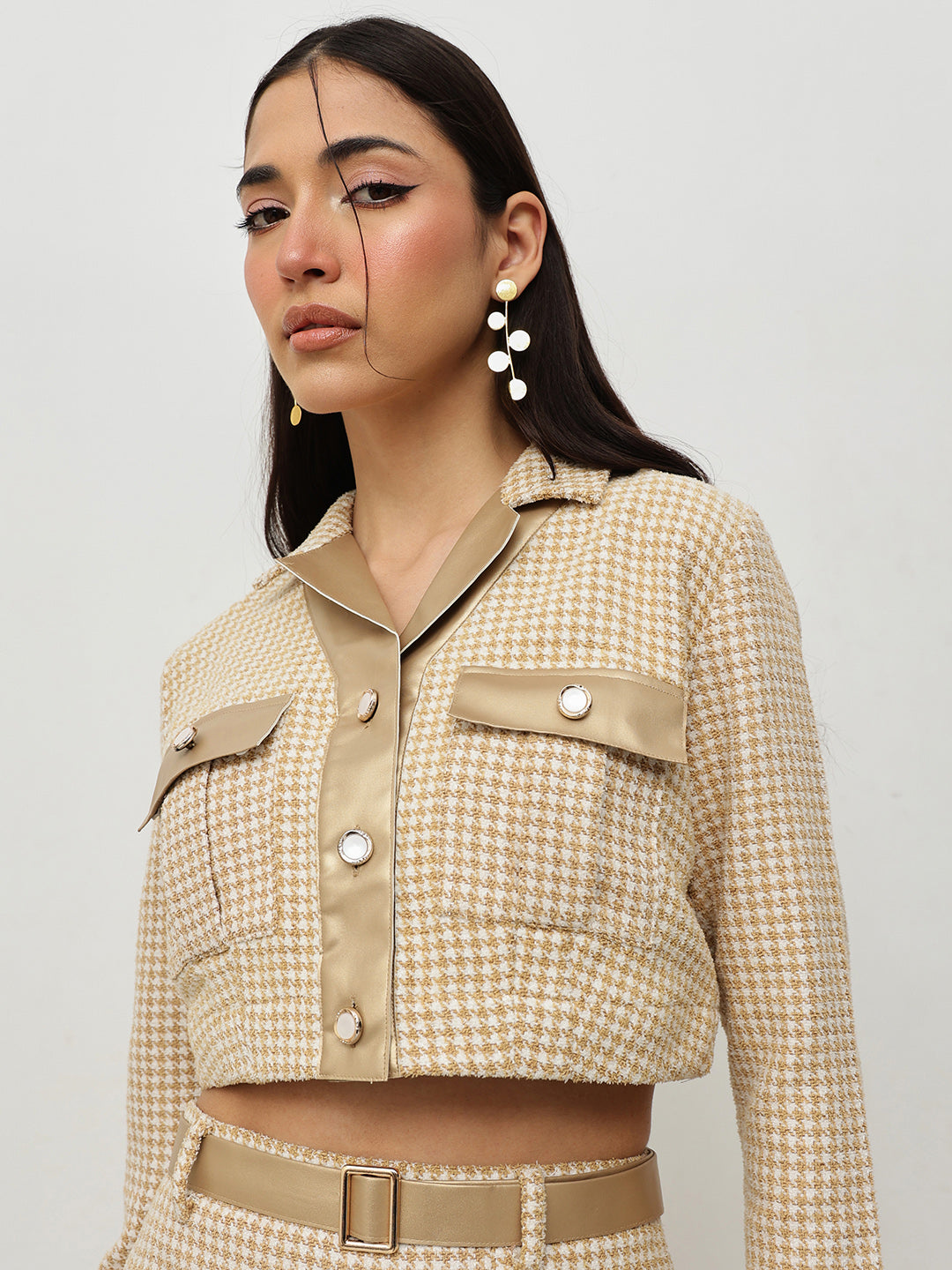 Beige Houndstooth Shirt Dress