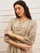 Sand Beige Embroidered Flared Dress