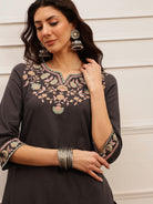 Charcoal Grey Embroidered Cotton Kurta