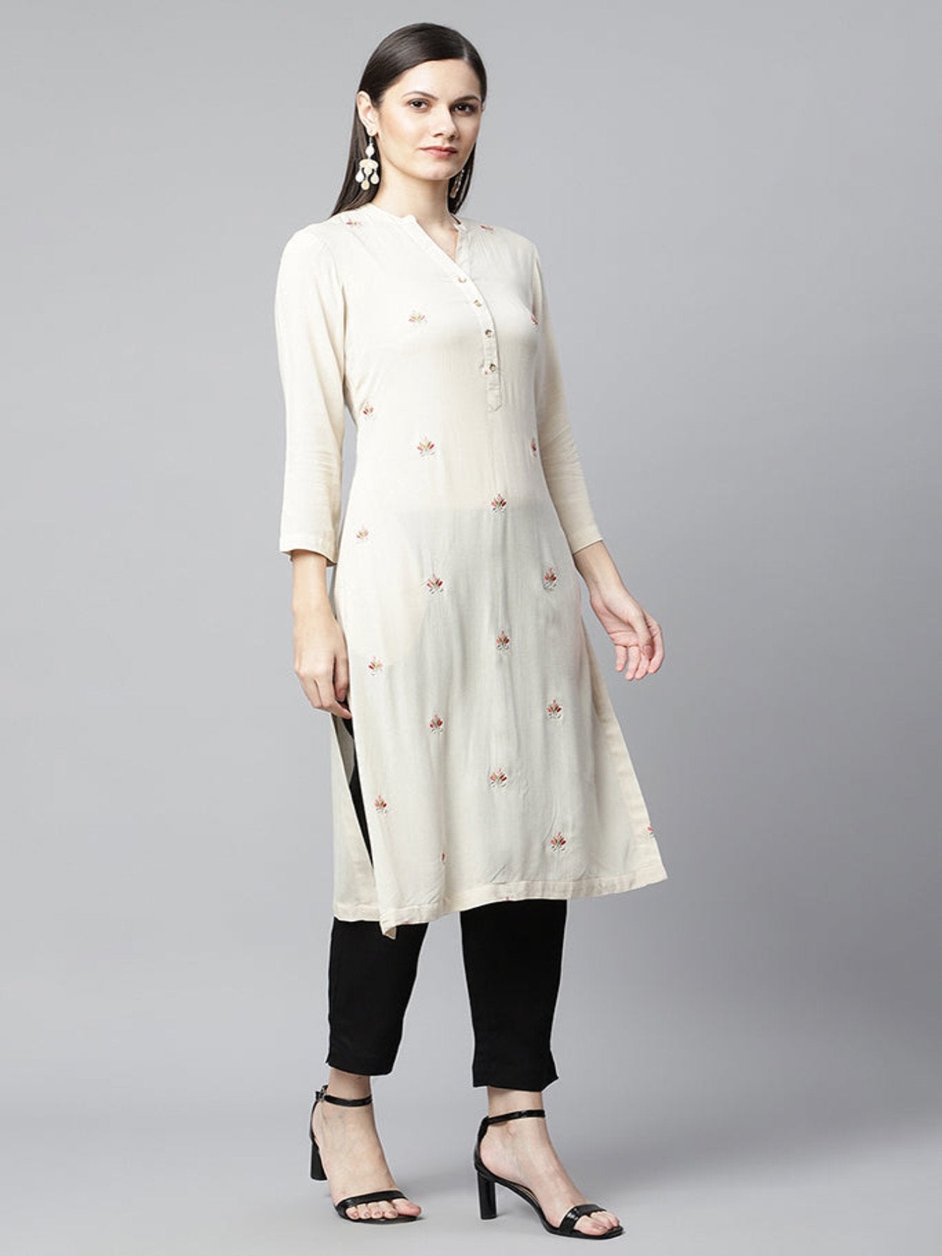 Beige Embroidered Straight Kurta