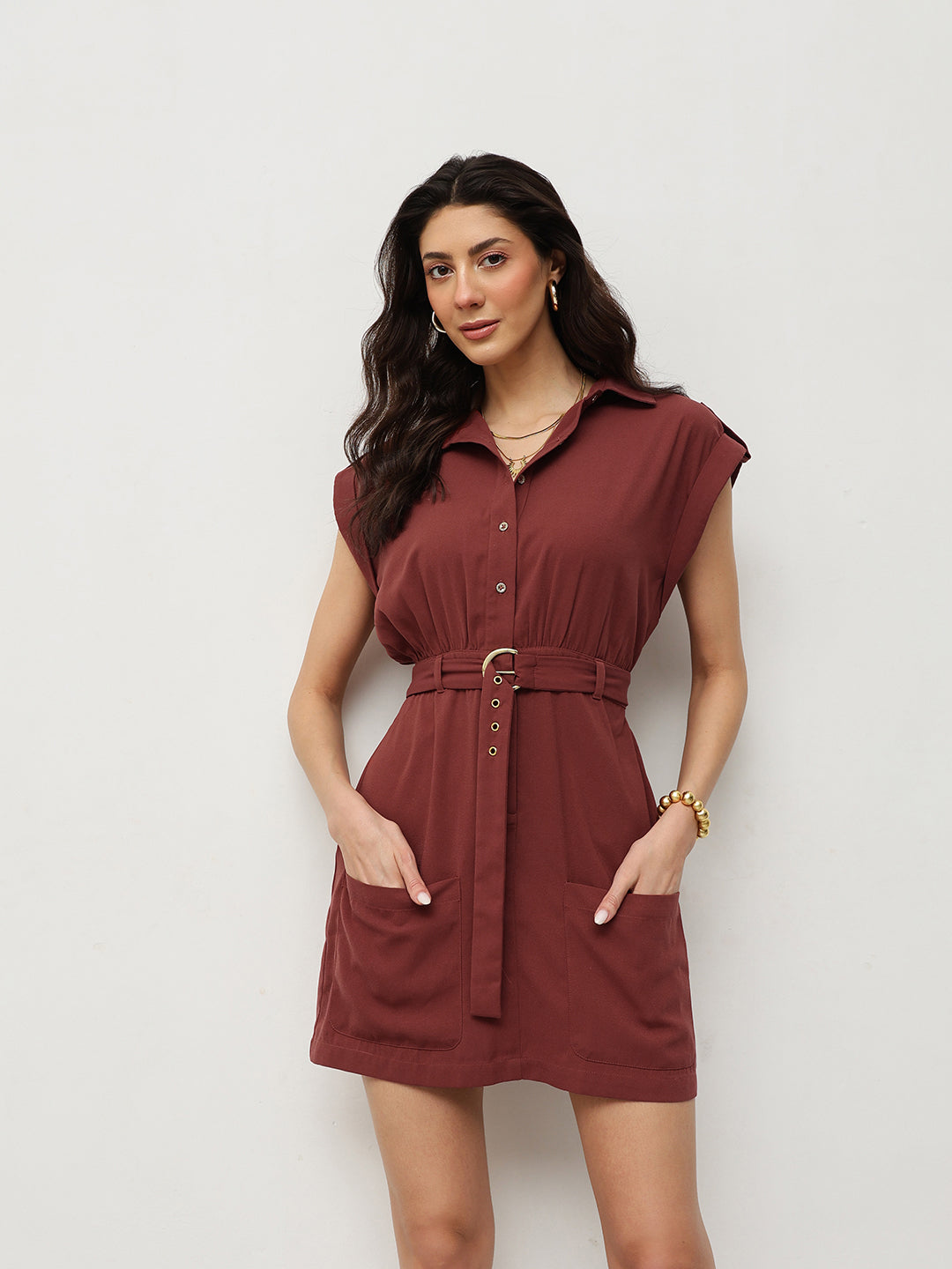 Rust Belted Shirt Dress