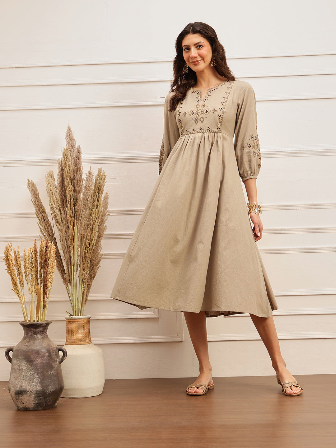 Sand Beige Embroidered Flared Dress