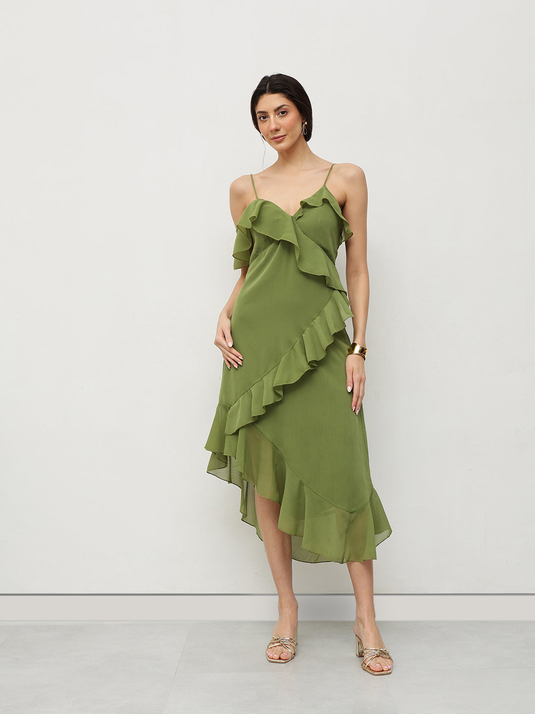 Olive Ruffle Asymmetrical Midi Dress