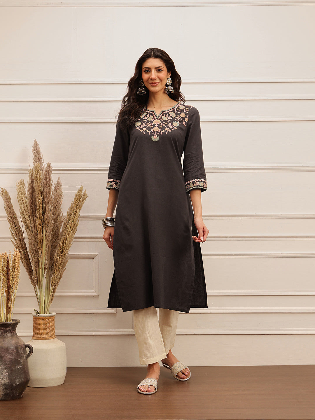 Charcoal Grey Embroidered Cotton Kurta