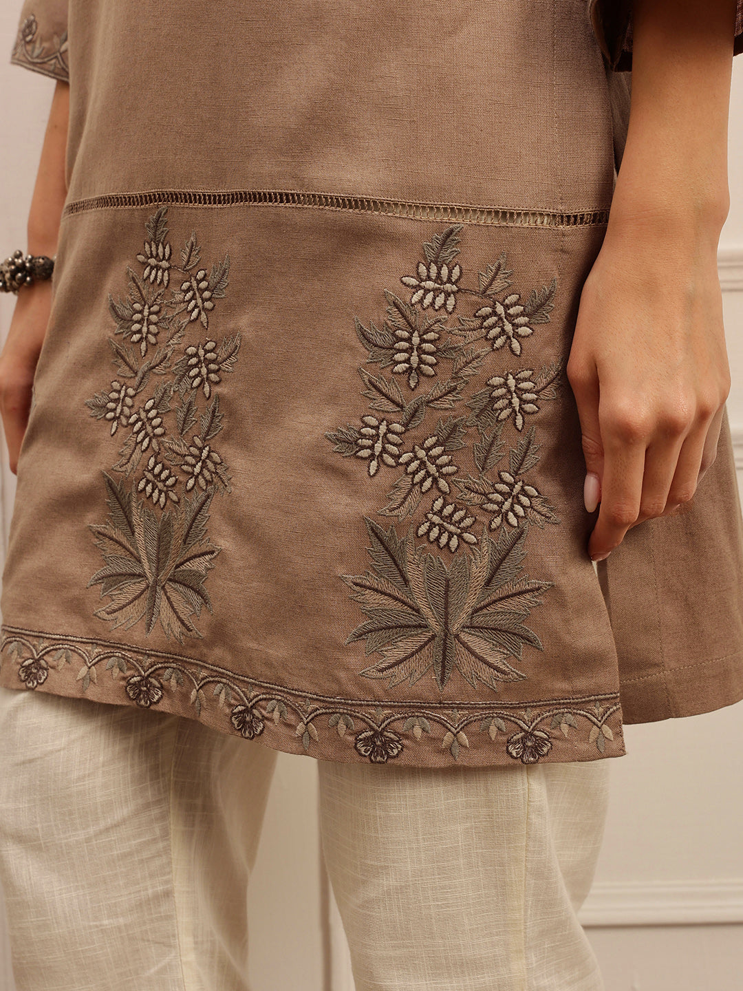 Taupe Embroidered Kurta