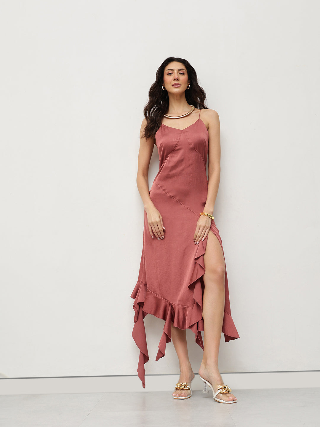 Rosewood Satin Ruffle Dress