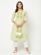 Lime Green Yoke Embroidered Kurta+