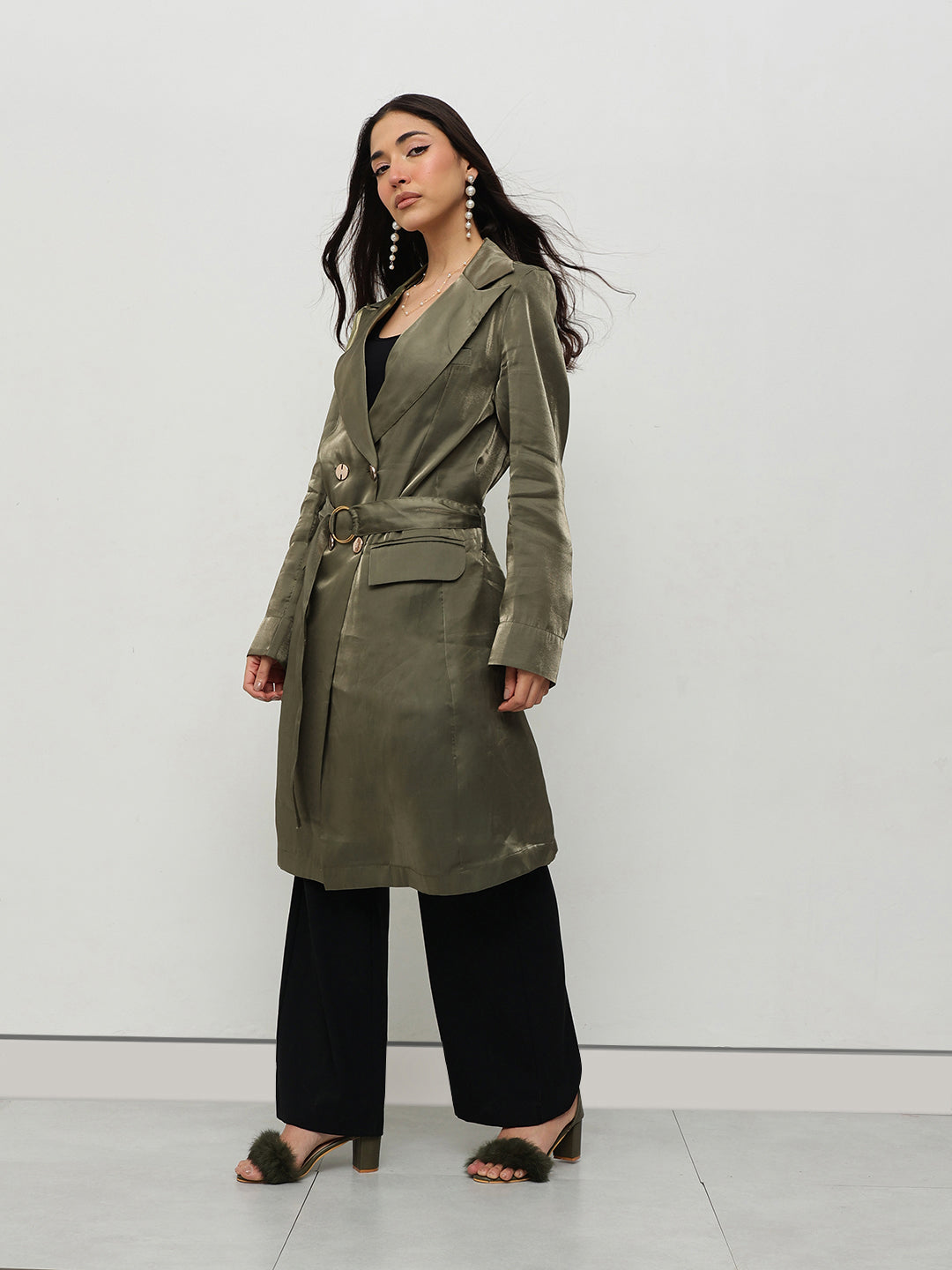 Olive Satin Belted Blazer