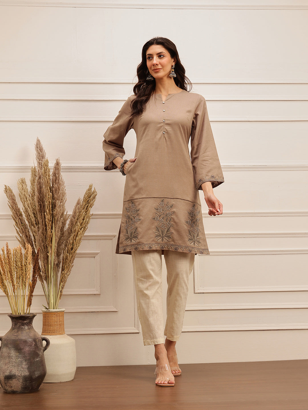 Taupe Embroidered Kurta