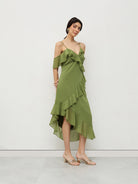 Olive Ruffle Asymmetrical Midi Dress