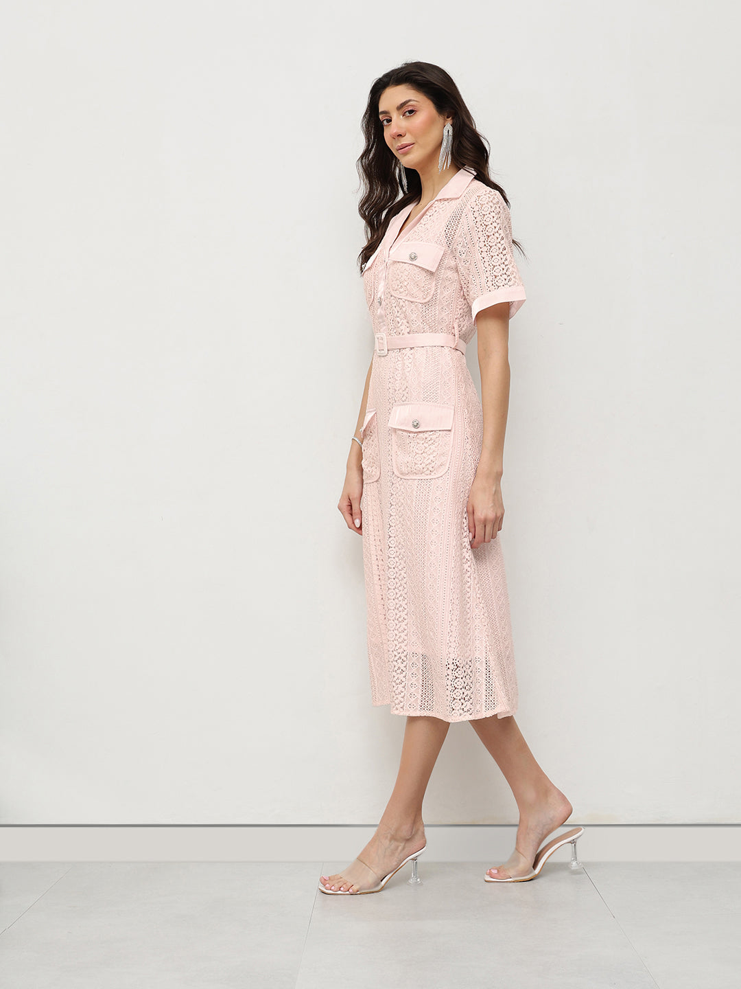 Blush Lace Belted Midi Dress