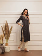 Charcoal Grey Embroidered Cotton Kurta