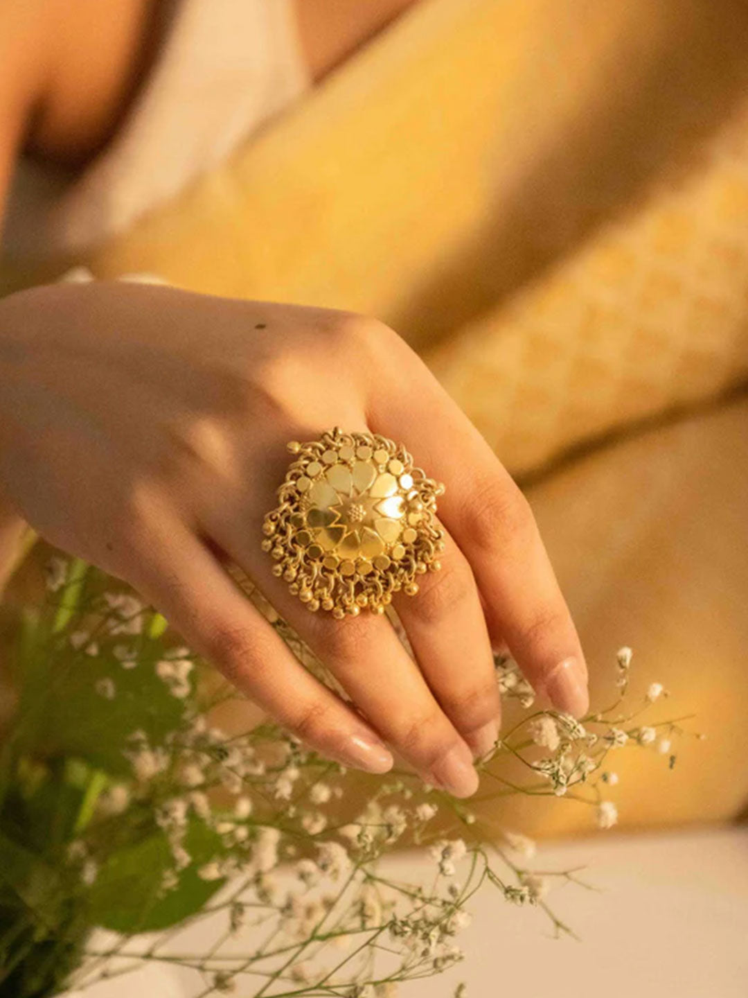 Golden Mirror Chandbali Statement Ring