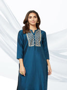 Teal Blue Yoke Embroidered Silk Kurta Set