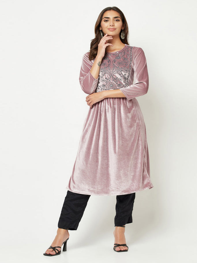 Lilac Embroidered Velvet Kurta