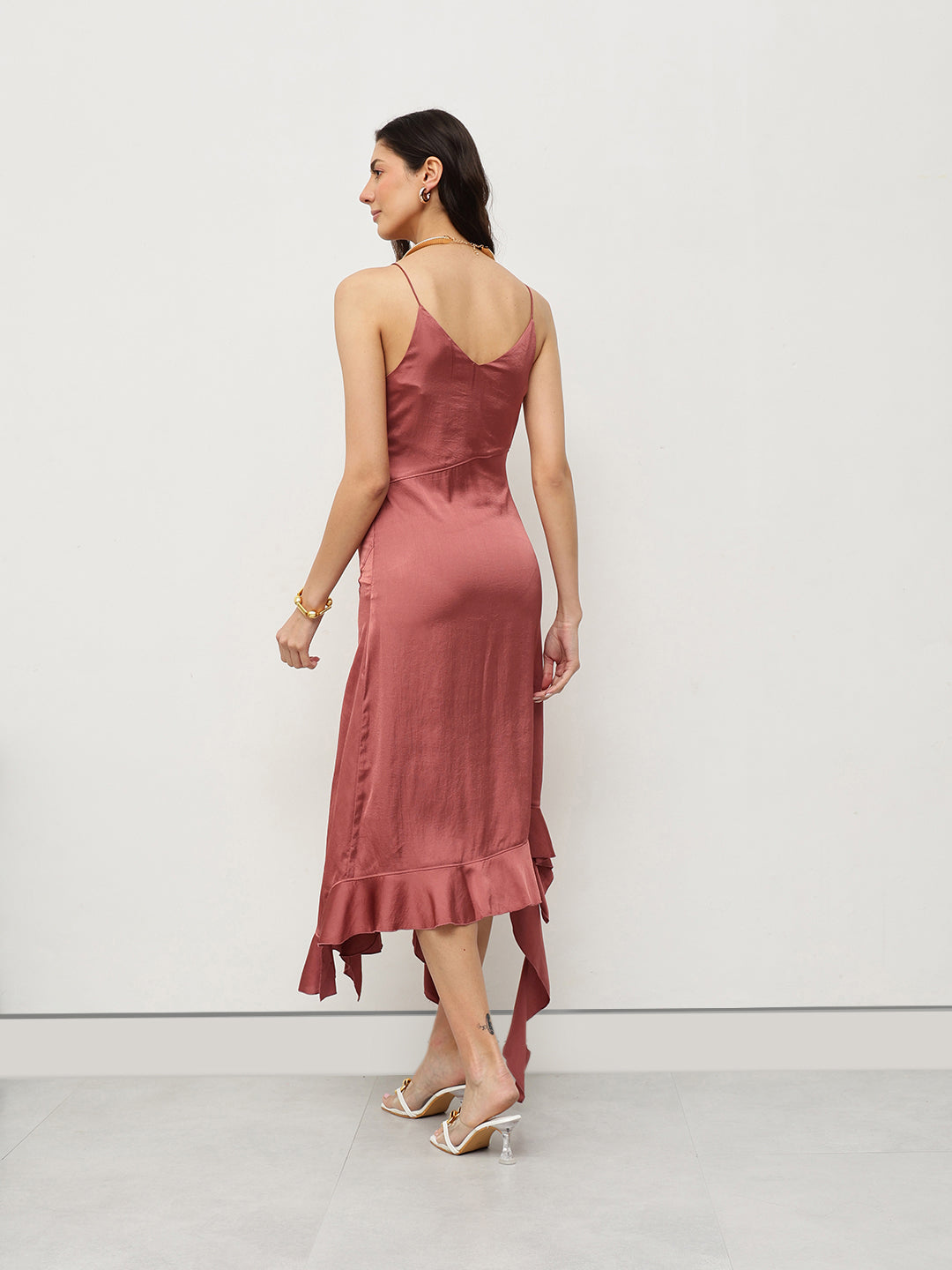 Rosewood Satin Ruffle Dress