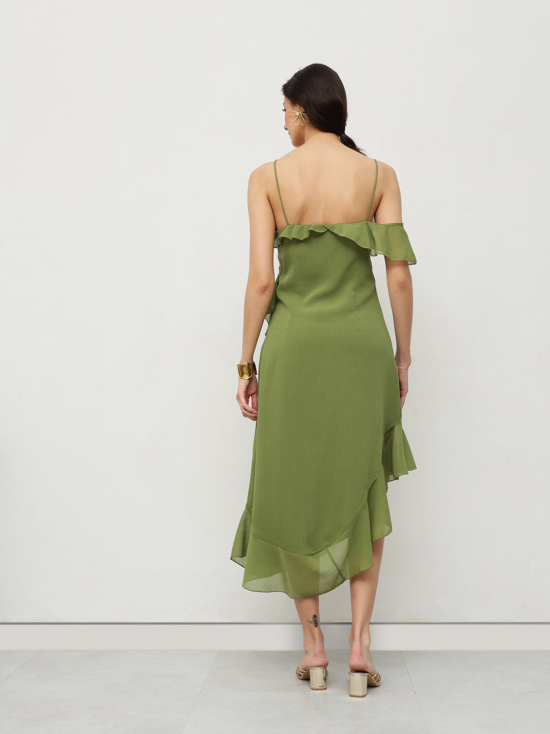 Olive Ruffle Asymmetrical Midi Dress