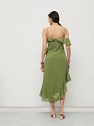 Olive Ruffle Asymmetrical Midi Dress