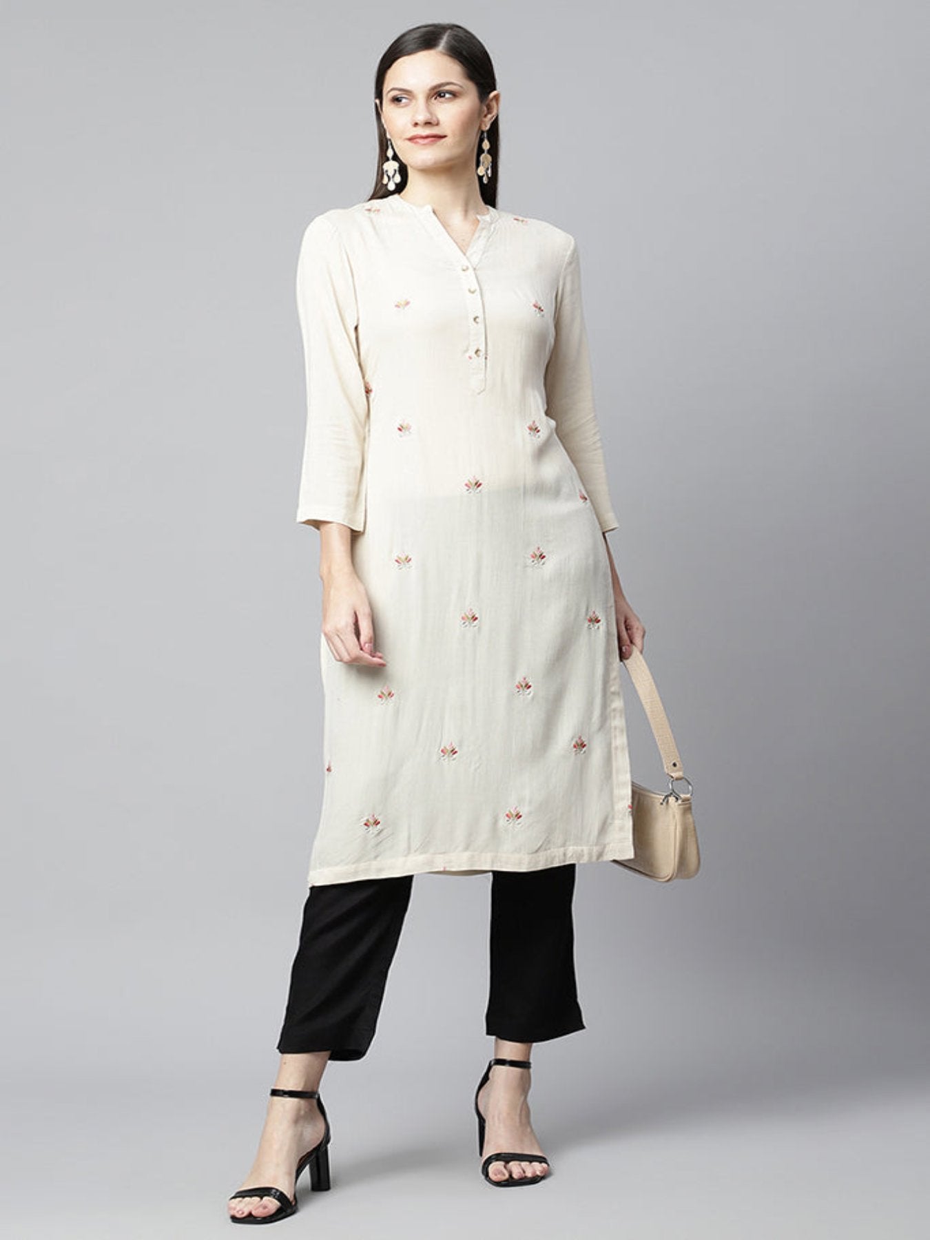 Beige Embroidered Straight Kurta