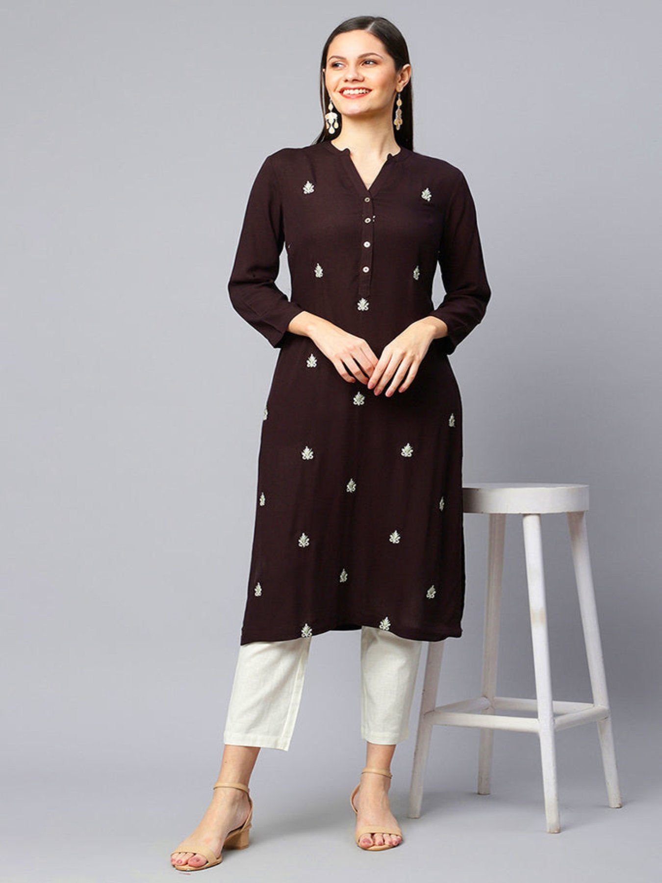 Charcoal Black Embroidered Straight Kurta+