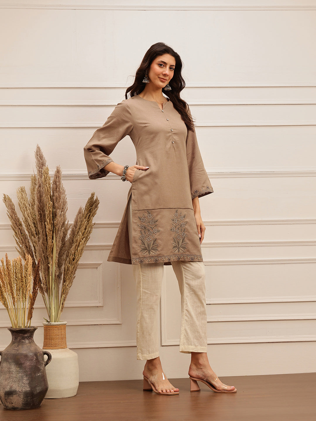 Taupe Embroidered Kurta