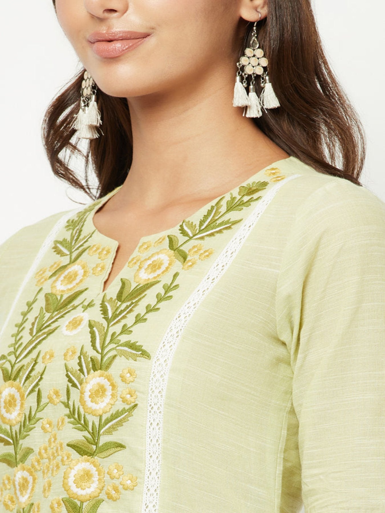 Lime Green Yoke Embroidered Kurta+