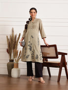 Linen Embroidered Pleated Ethnic Kurta