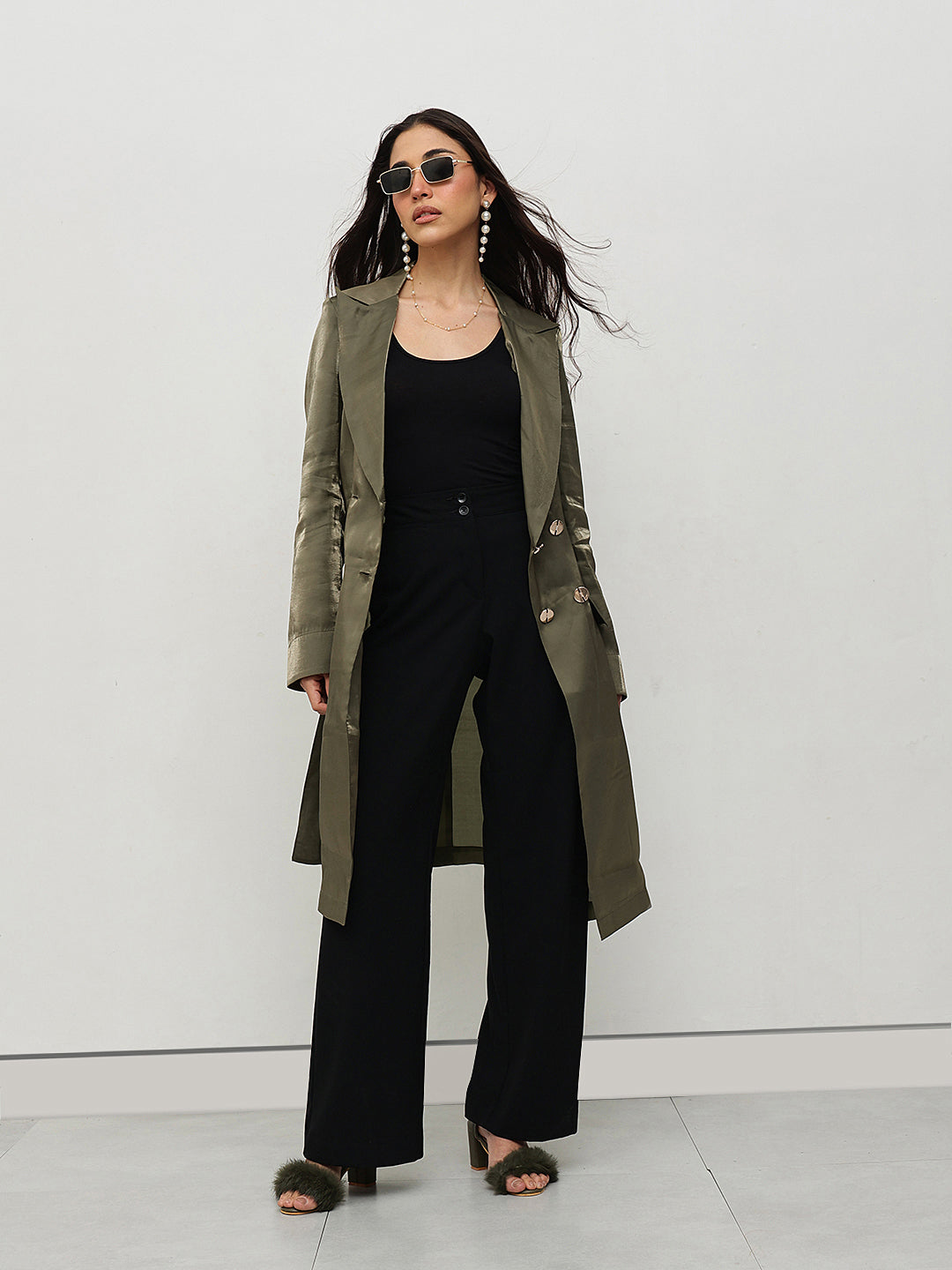 Olive Satin Belted Blazer