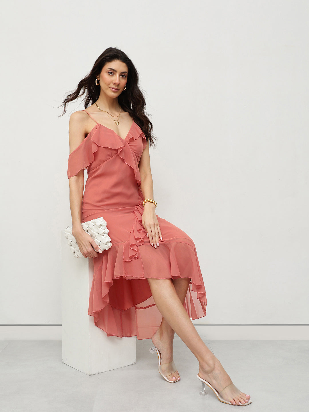 Coral Ruffled Asymmetrical Dress