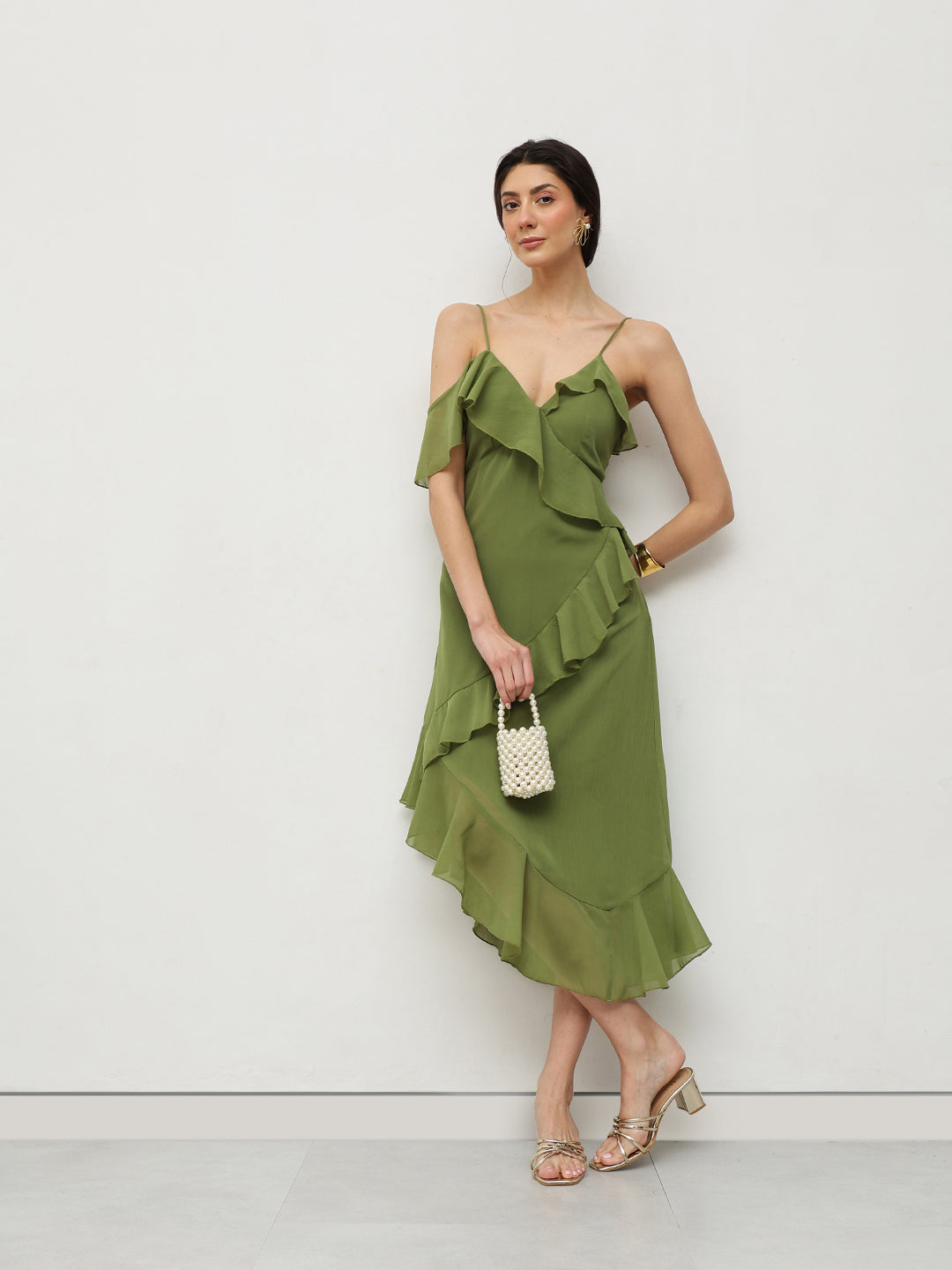 Olive Ruffle Asymmetrical Midi Dress