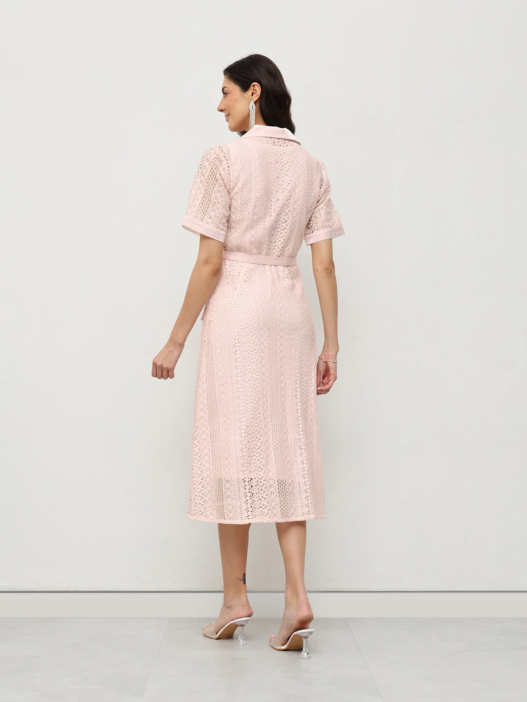 Blush Lace Belted Midi Dress