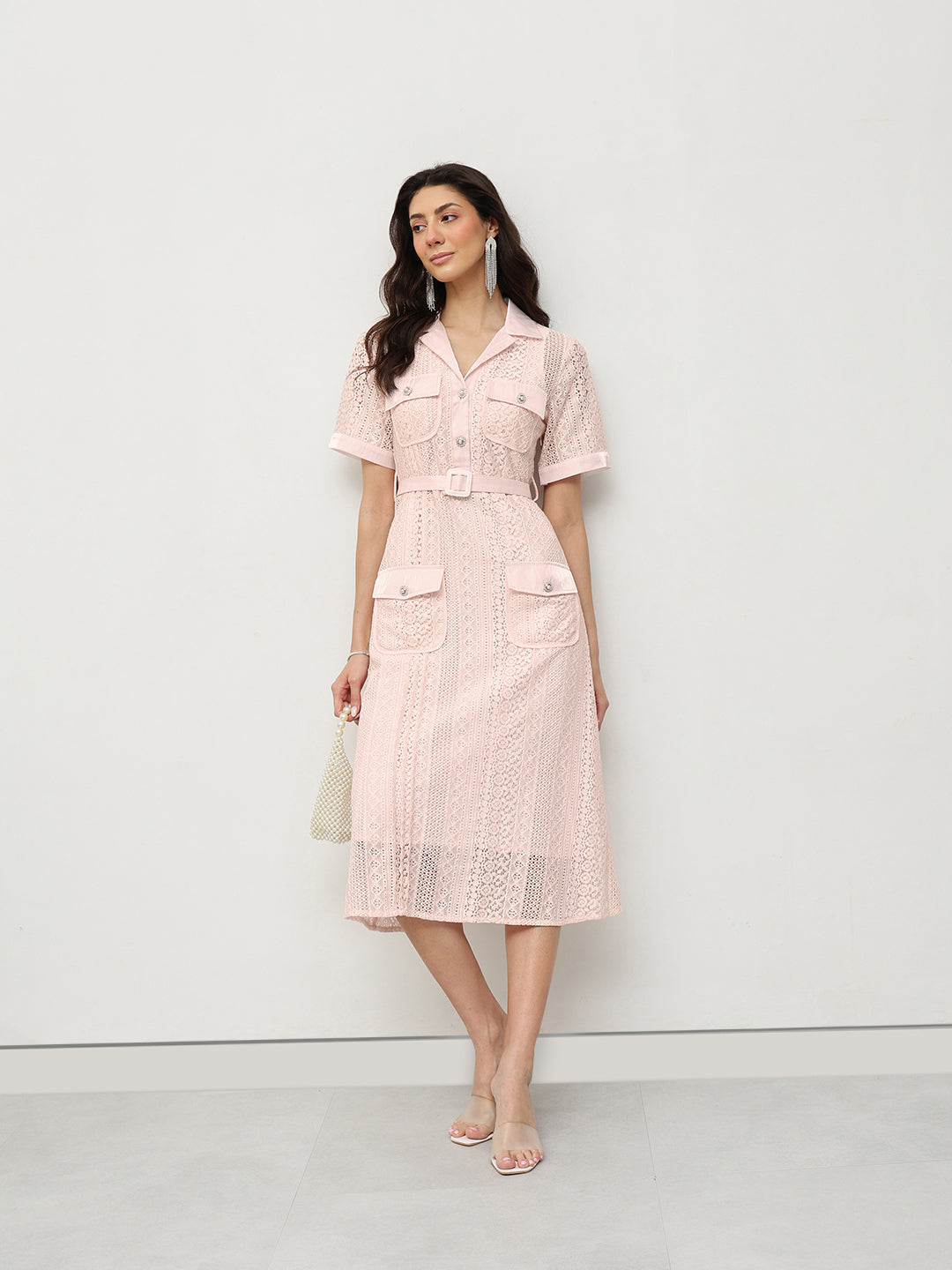 Blush Lace Belted Midi Dress