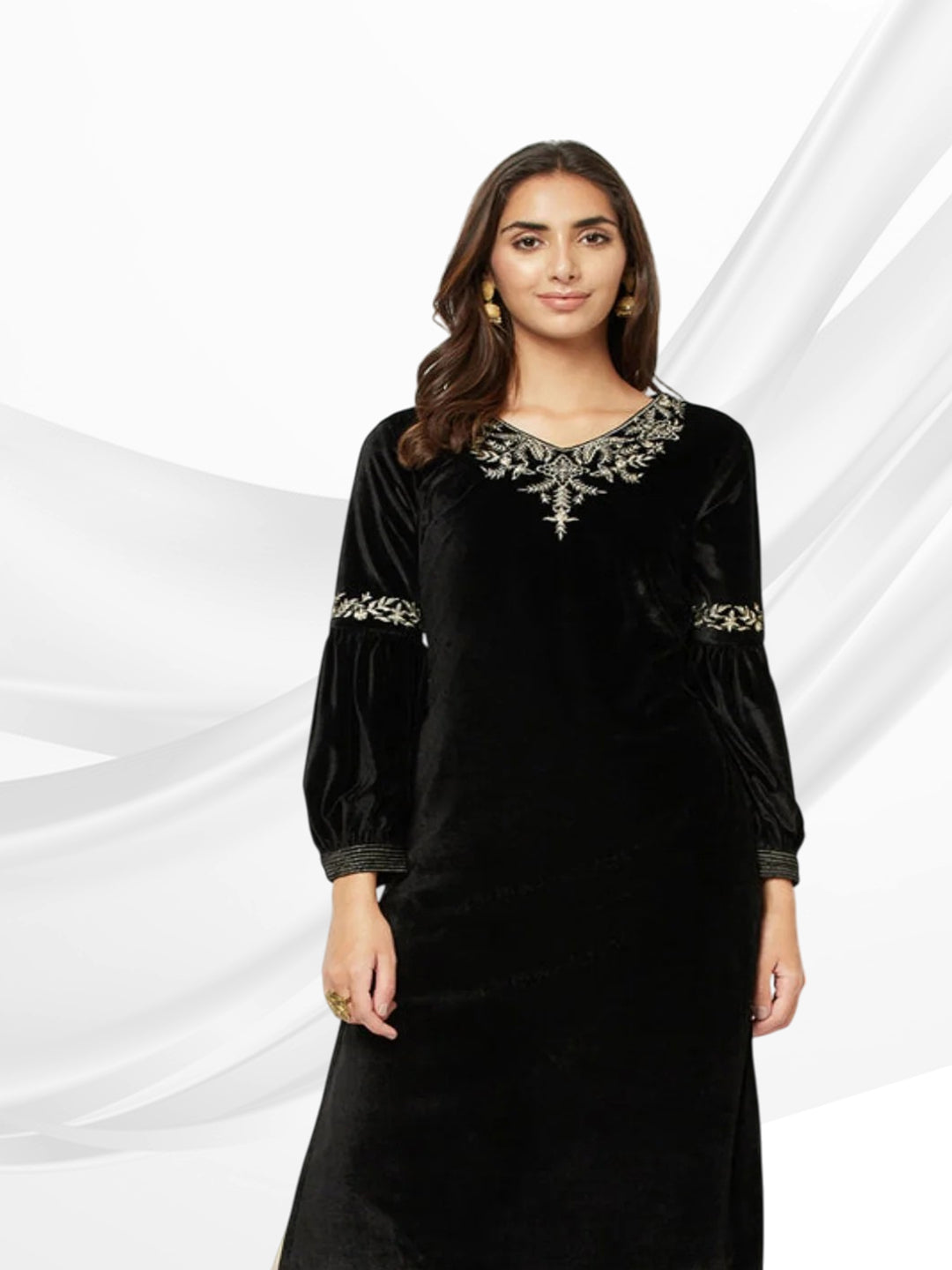 Black Embroidered Velvet Kurta