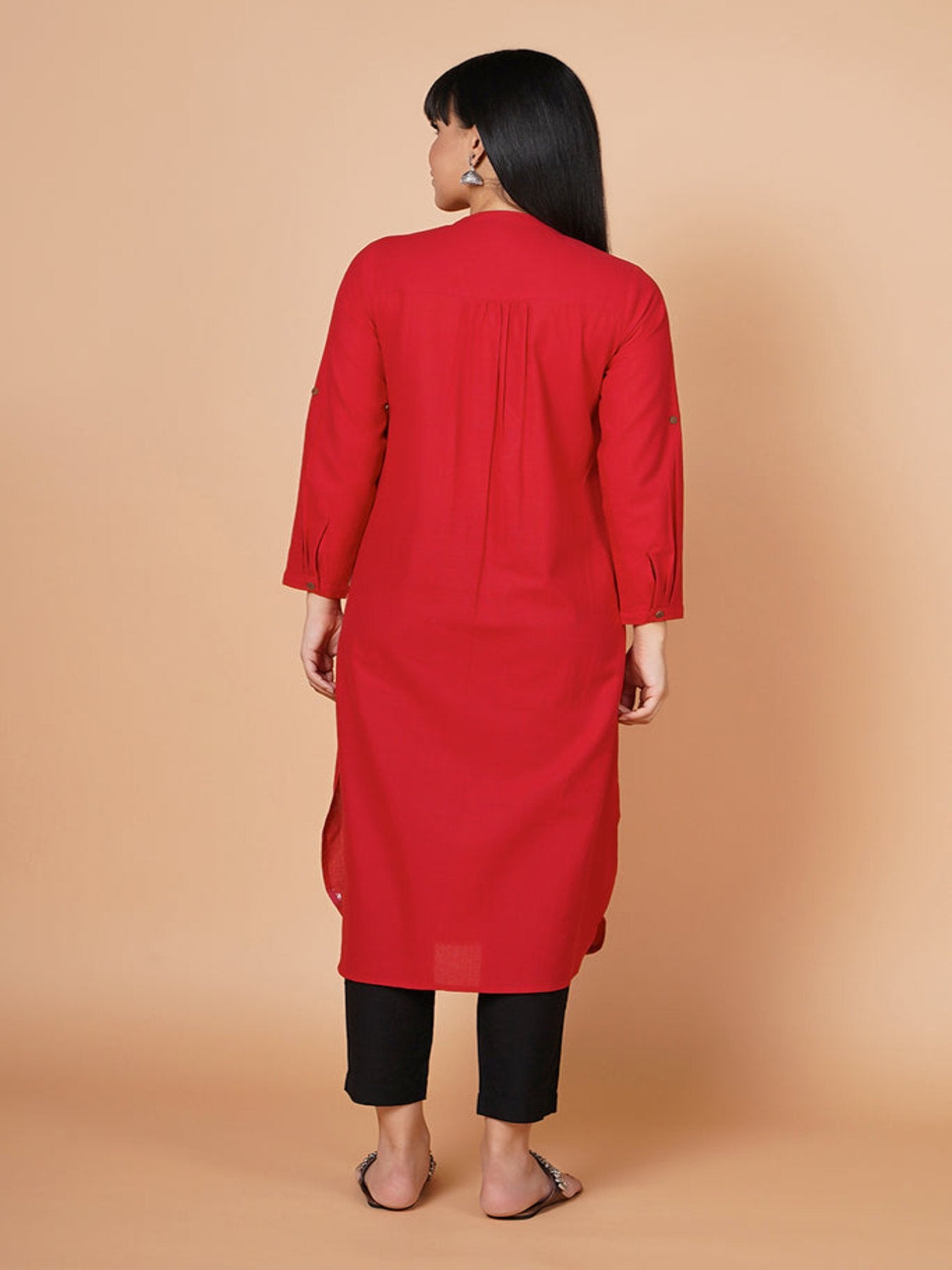 Deep Red Coral Embroidered Round Hem Kurta