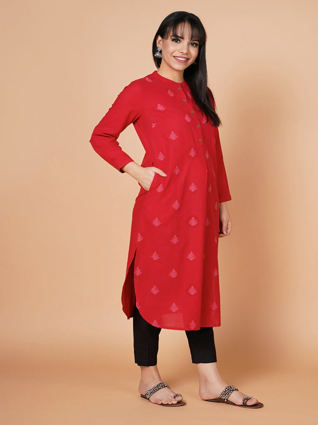 Deep Red Coral Embroidered Round Hem Kurta