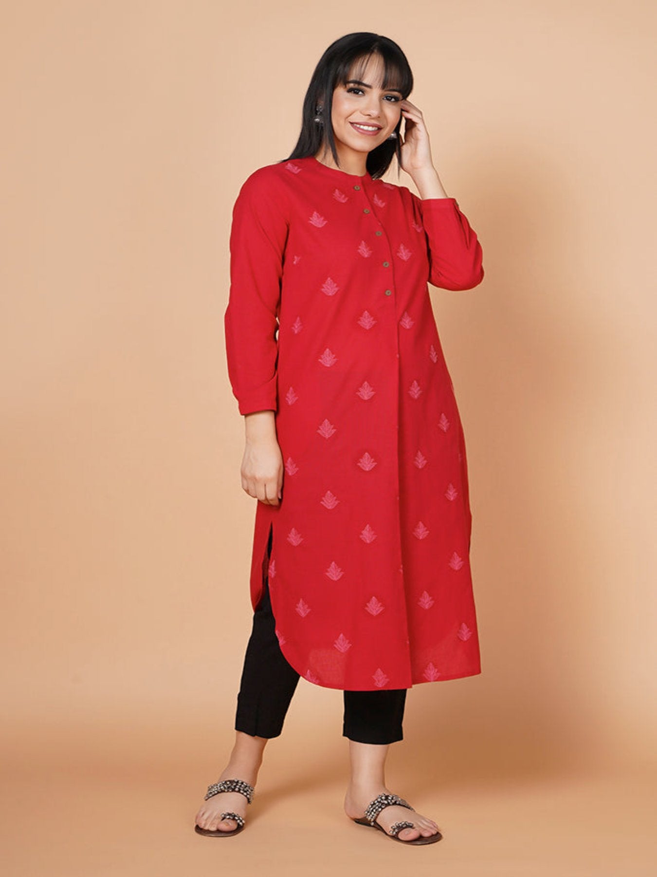 Deep Red Coral Embroidered Round Hem Kurta